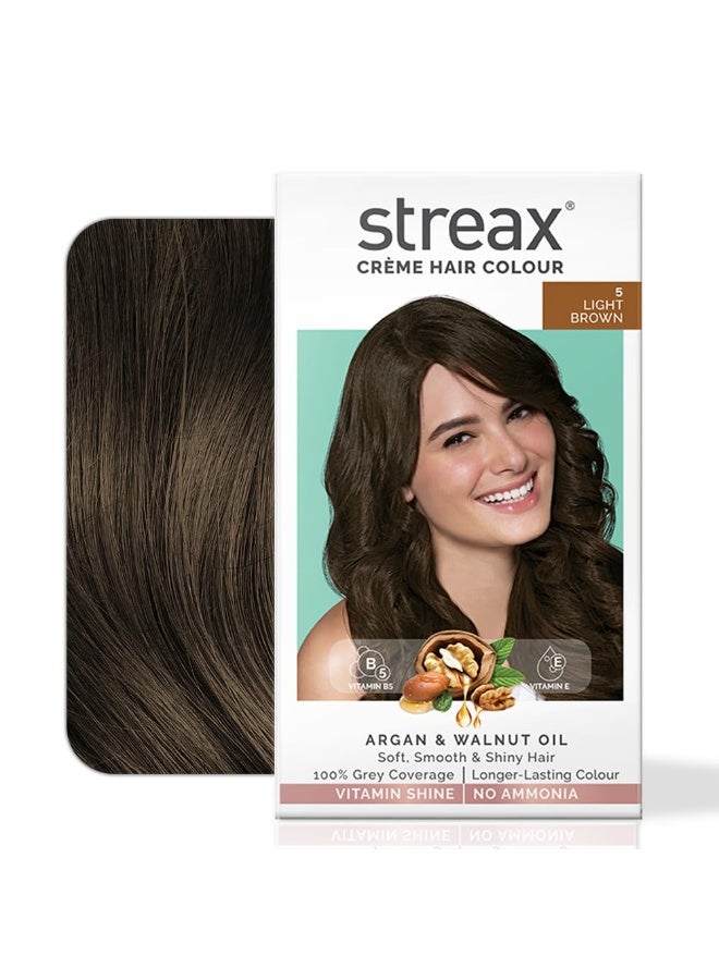 Streax Crème Permanent - 5 Light Brown Hair Color- 140 Ml, 100% Grey Coverage, Ammonia Free, Long Lasting For Women(Colourant Tube 60G,Developer Bottle 60Ml,Conditioner 20G) - Image 1